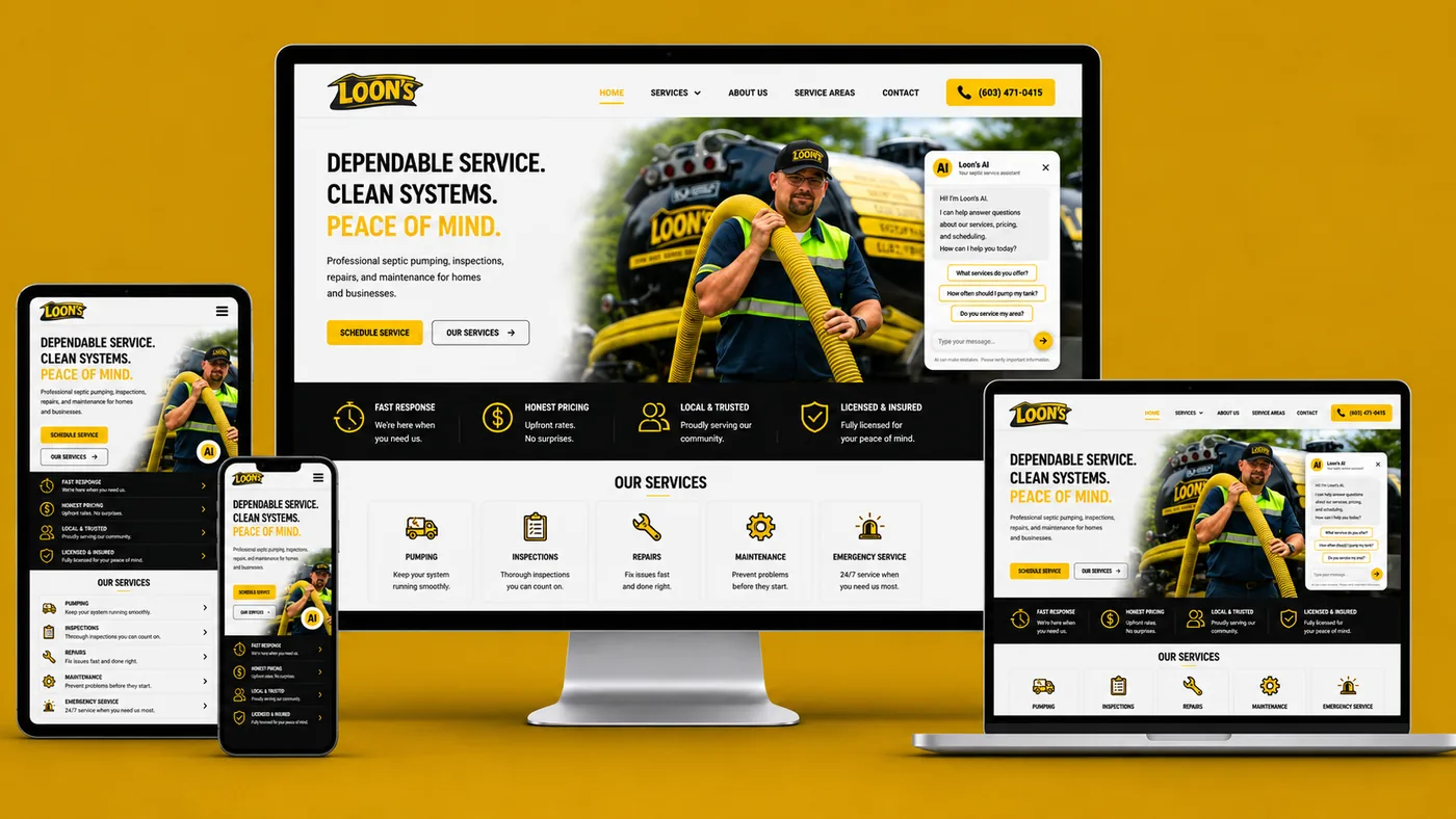 Loon's Septic Services sample website shown on desktop, laptop and phone