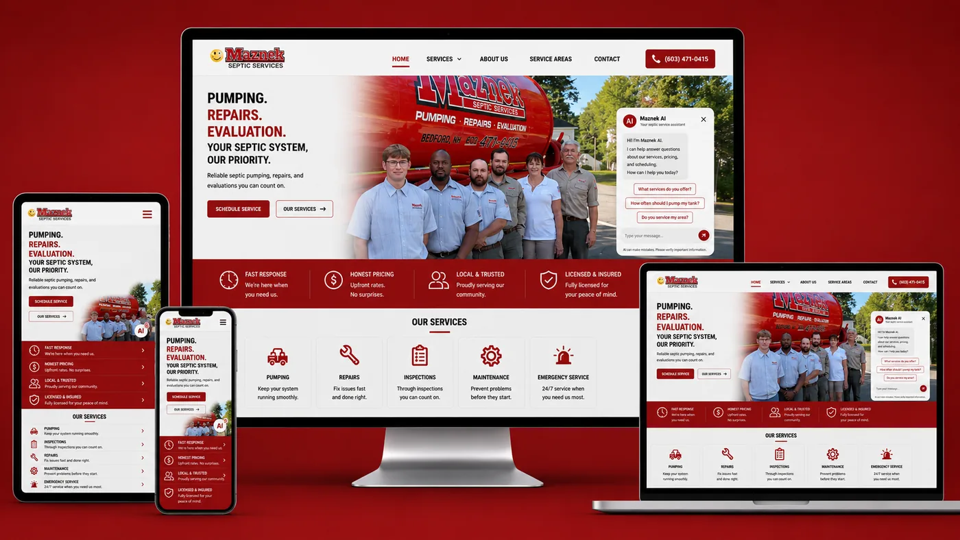 Maznek Septic Services sample website shown on desktop, laptop and phone