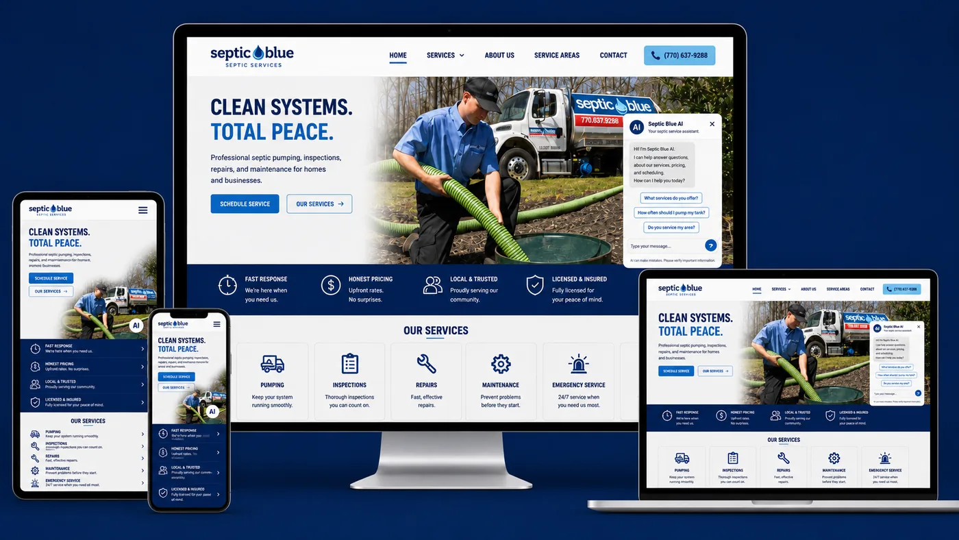 Septic Blue sample septic website shown on desktop, laptop and phone