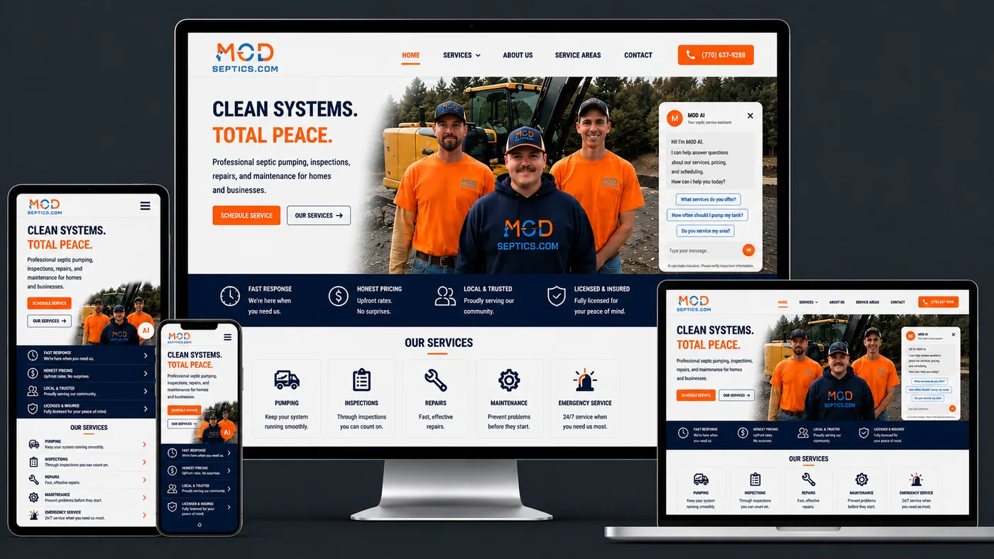 MOD Septics sample website shown on desktop, laptop and phone