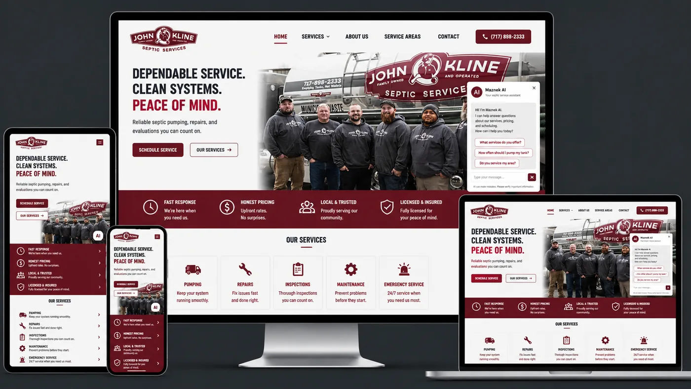 John Kline Septic Service sample website shown on desktop, laptop and phone